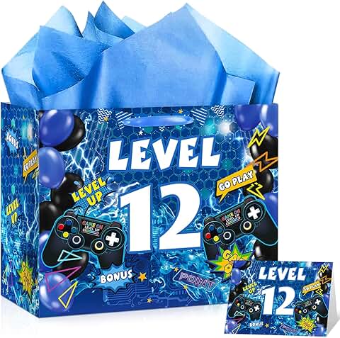 Blue 12th Birthday Gift Bag with Handle and Card