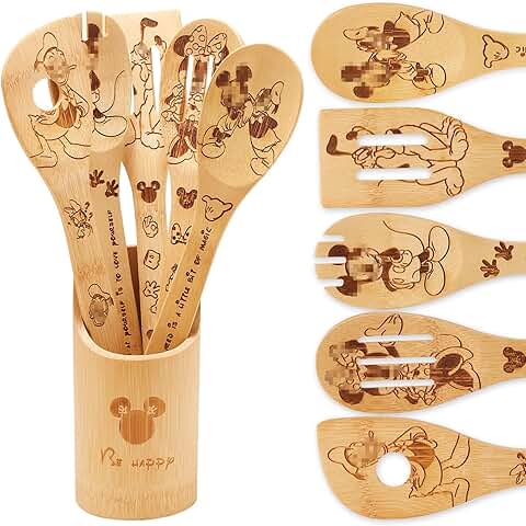 Set of six wooden and bamboo cooking spoons