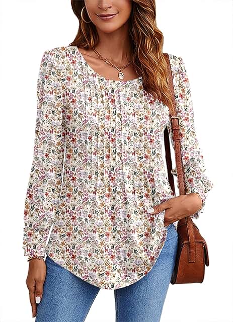 Long Sleeve Fall Pleated Crew Neck Tunic for Women
