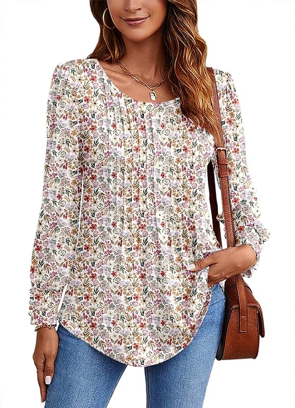 Long Sleeve Fall Pleated Crew Neck Tunic for Women