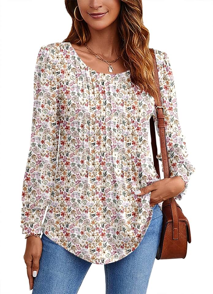 Long Sleeve Fall Pleated Crew Neck Tunic for Women