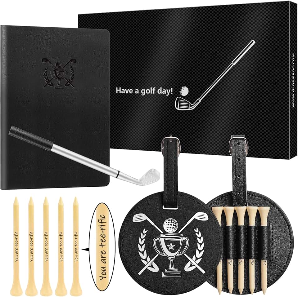 Golf gift set for dad with scorecard, bag tag, tees, and pen