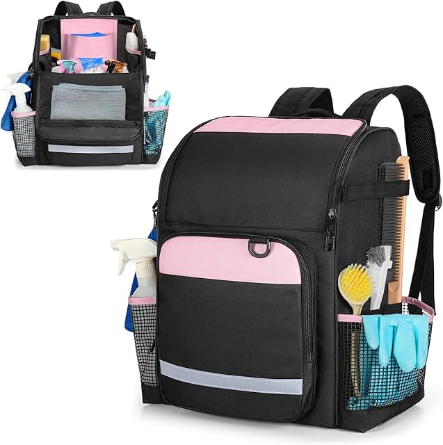 Large Pink Cleaning Bag with Adjustable Straps and Multiple Pockets