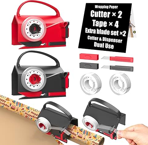 Dual Wrapping Paper Cutter and Tape Dispenser with 4 Tapes