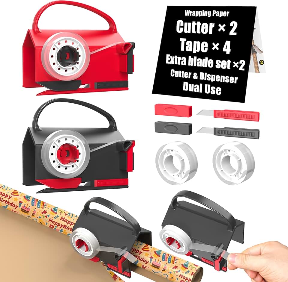 Dual Wrapping Paper Cutter and Tape Dispenser with 4 Tapes