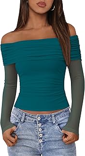 Women's Long Sleeve Fall Crop Top with Mesh and Ruched Details
