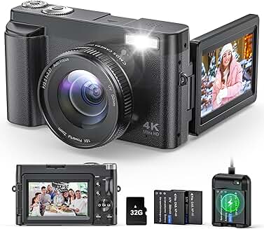 4K Digital Camera with 48MP, Flip Screen, and 16X Zoom