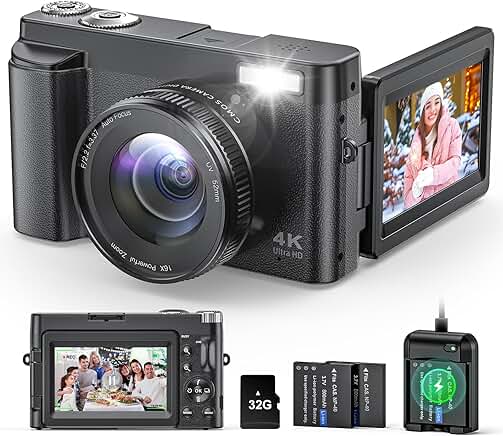 4K Digital Camera with 48MP, Flip Screen, and 16X Zoom