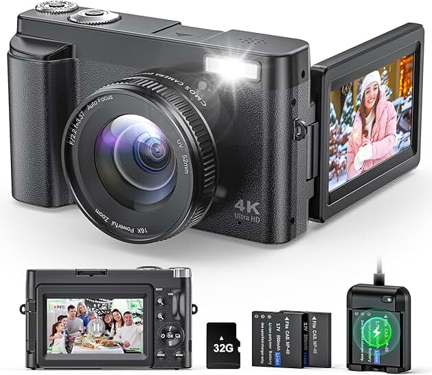 4K Digital Camera with 48MP, Flip Screen, and 16X Zoom