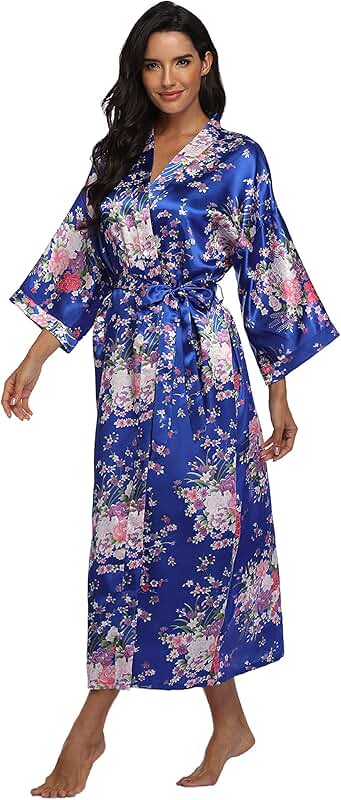 Women's Long Satin Floral Kimono Robe for Sleep and Lounge