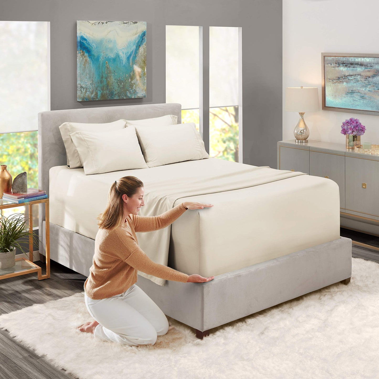 Extra Deep Pocket Queen Sheets Set  6 PC Soft Microfiber Queen Sheets Deep Pocket  Fade Resistant Bedding Sheets  Pillowcases  Queen, Off White