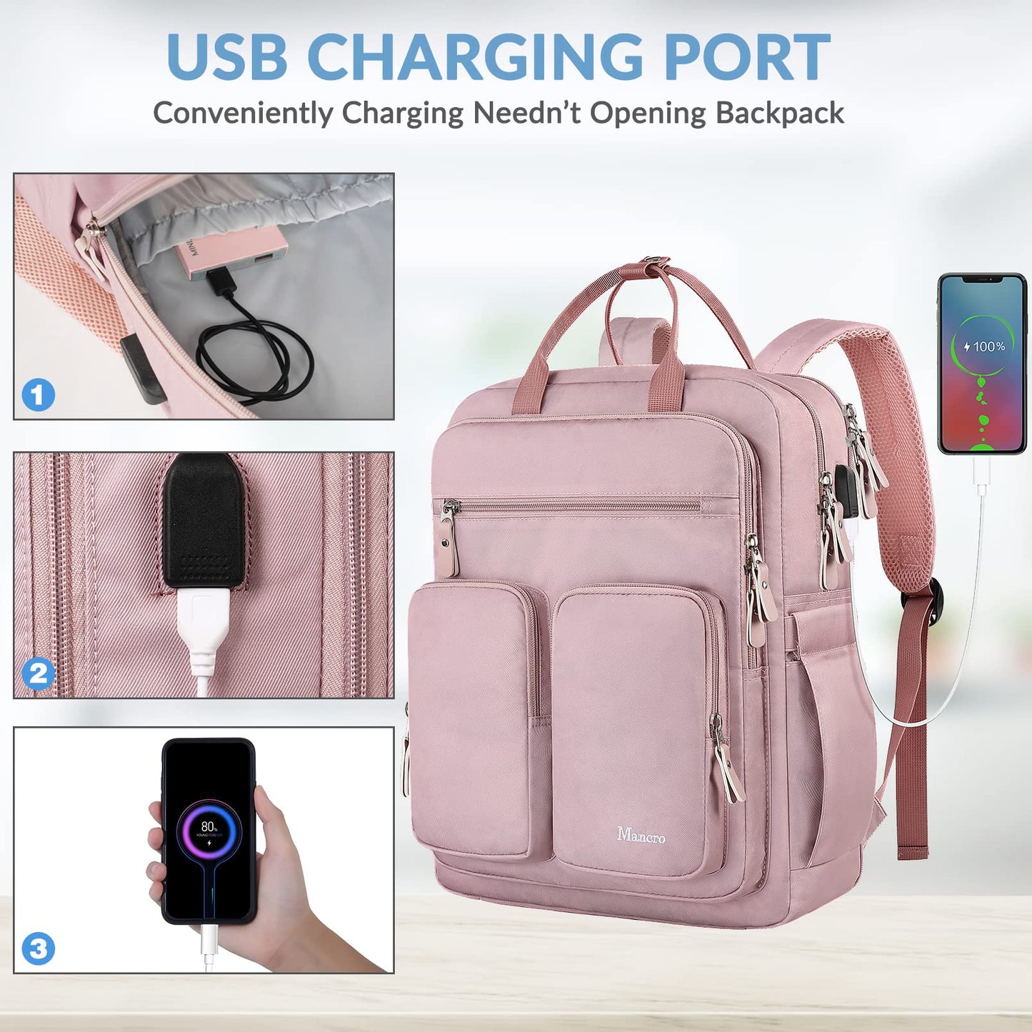 Laptop Backpack for Women, 15.6 Inch Travel Laptop Backpack with USB Charging Port, Large Middle School Backpacks for Girls, College Gifts Laptop Bookbag Teacher Backpacks, Pink