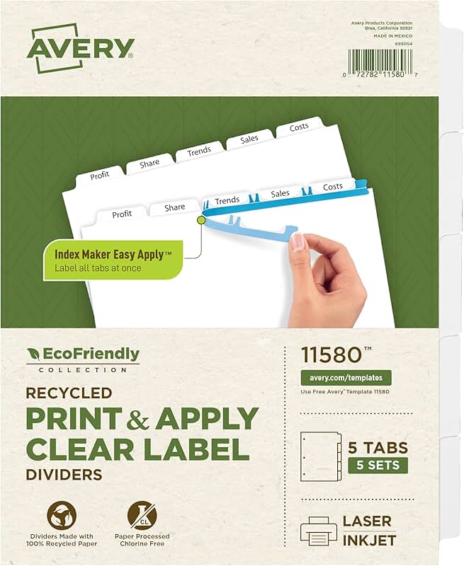 Eco-Friendly Recycled Dividers for 3-Ring Binders, 5-Tab, White