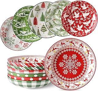 Set of 6 Christmas Pasta Bowls, 8 Inch Salad Plates