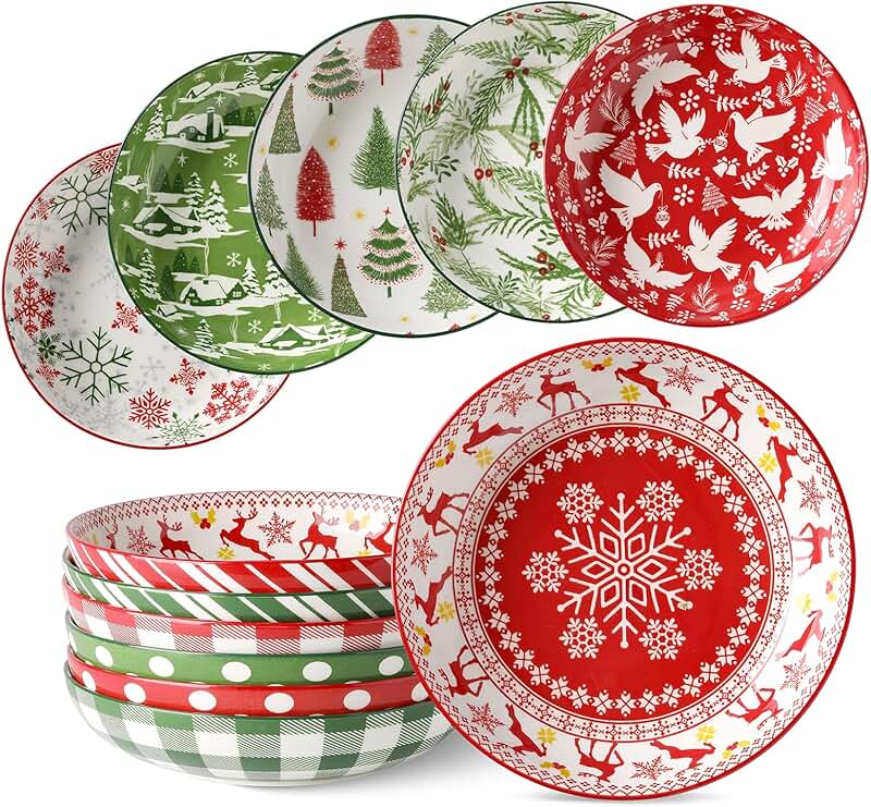 Set of 6 Christmas Pasta Bowls, 8 Inch Salad Plates