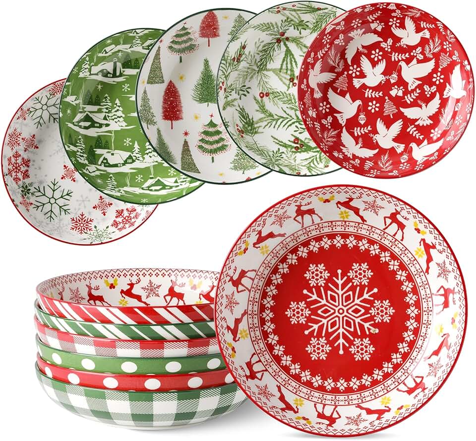 Set of 6 Christmas Pasta Bowls, 8 Inch Salad Plates