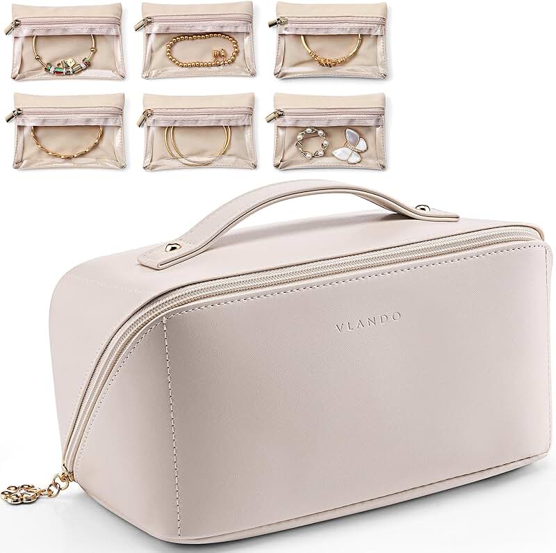 Travel Makeup and Jewelry Bag with 6 Zippers