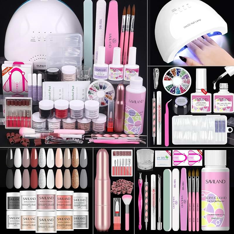 Acrylic Nail Kit with 10 Colors, 48W Lamp, Tips for Home Use