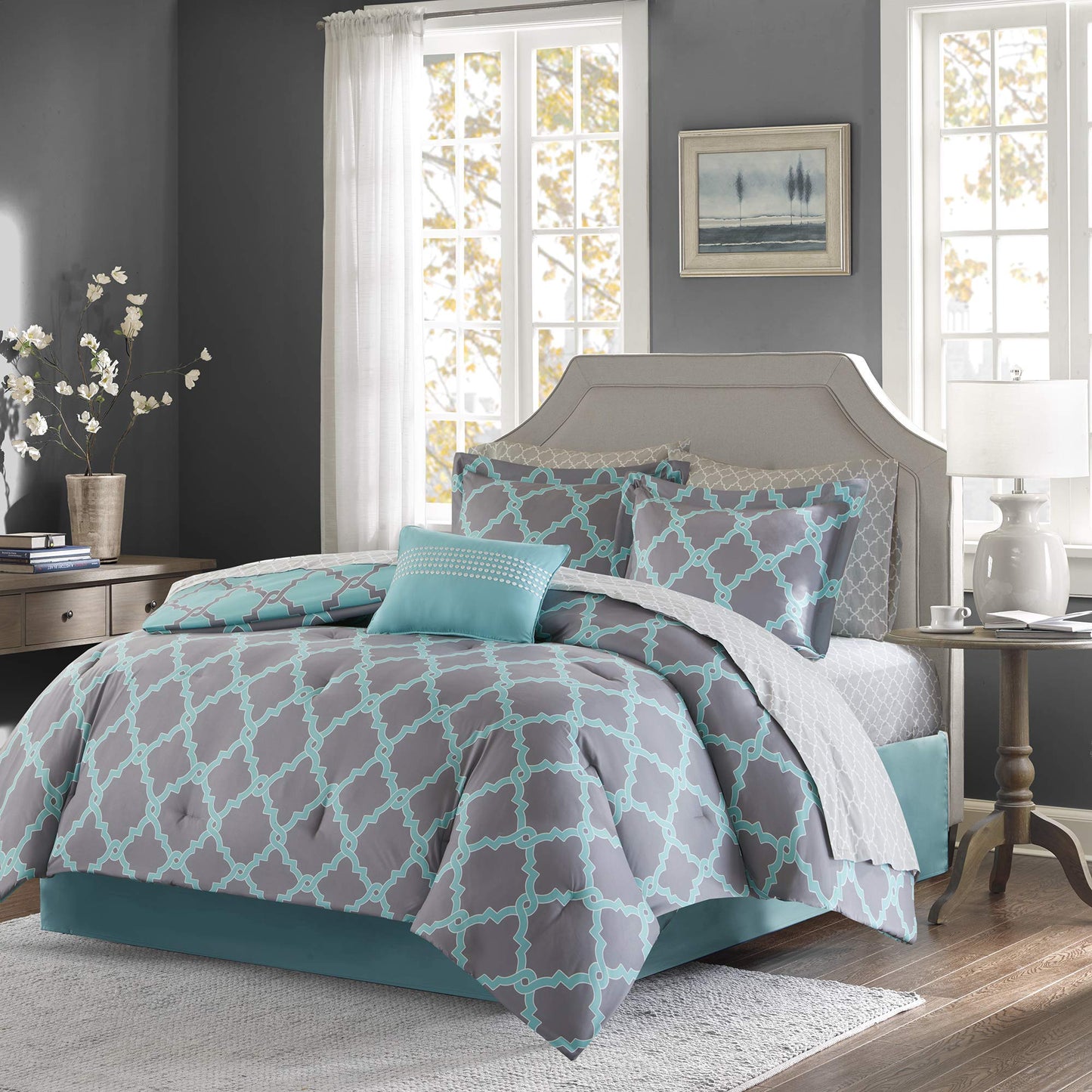 Essentials Merritt King Size Bed Comforter Set Bed in A Bag  Aqua Grey  Geometric  9 Pieces Bedding Sets  Ultra Soft Microfiber Bedroom Comforters