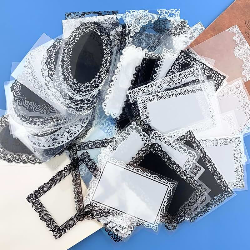 120 White and Black Floral Lace Stickers for Crafts