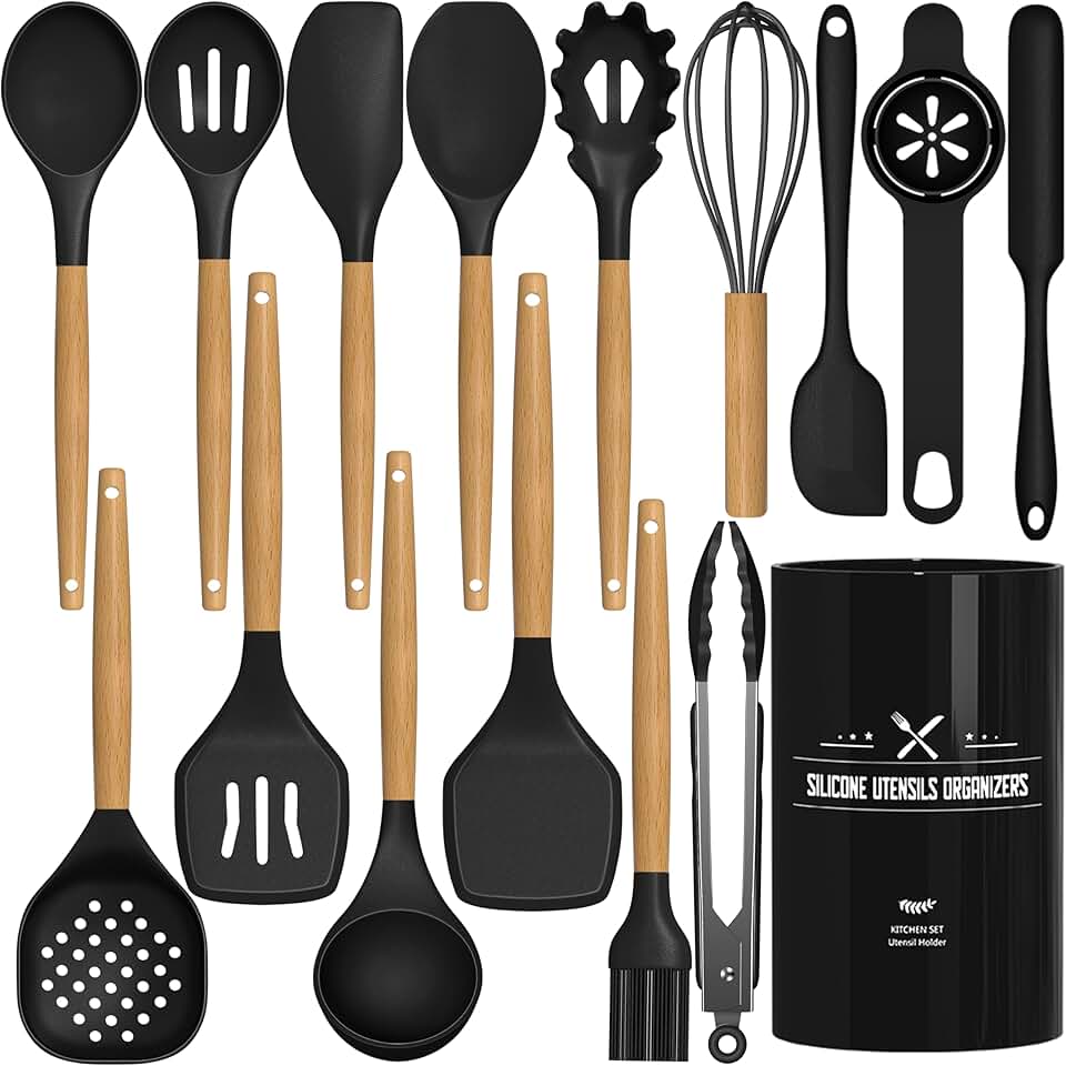 16-Piece Black Silicone Kitchen Utensil Set