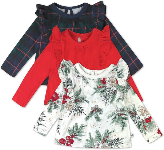 Three Organic Cotton Ruffle Long Sleeve T-Shirts for Toddlers