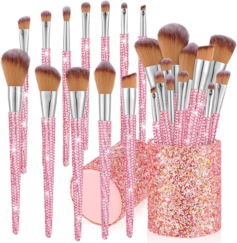 13-Piece Pink Rhinestone Makeup Brush Set with Holder