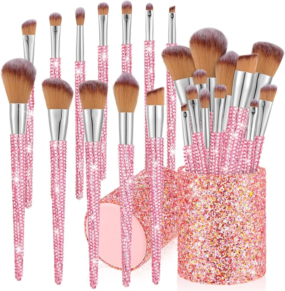 13-Piece Pink Rhinestone Makeup Brush Set with Holder