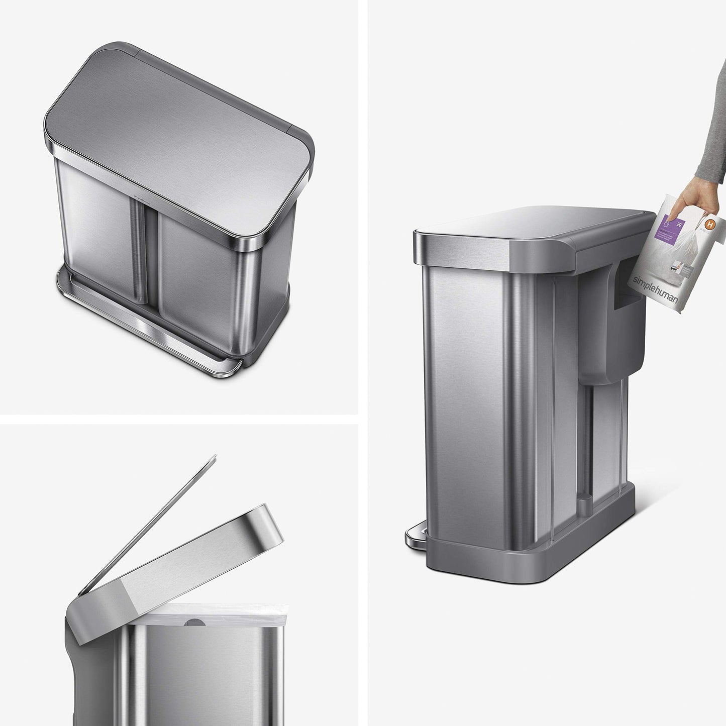 58 Liter  15.3 lon Rectangular Hands-Free Dual Compartment Recycling Kitchen Step Trash Can with Soft-Close Lid, Brushed Stainless Steel
