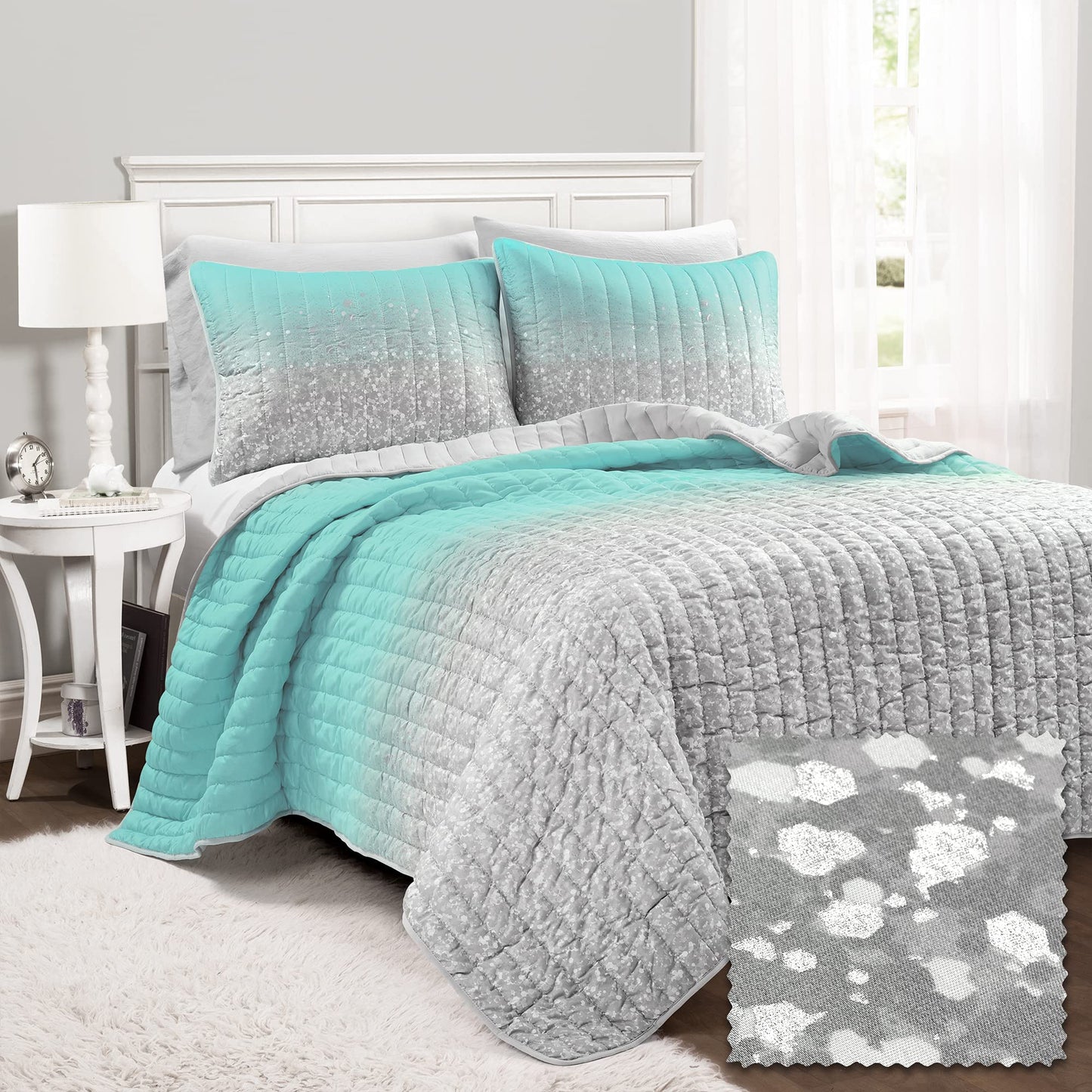 Glitter Ombre Metallic Print 3 Piece Comforter Set, Twin, Aqua & Gray