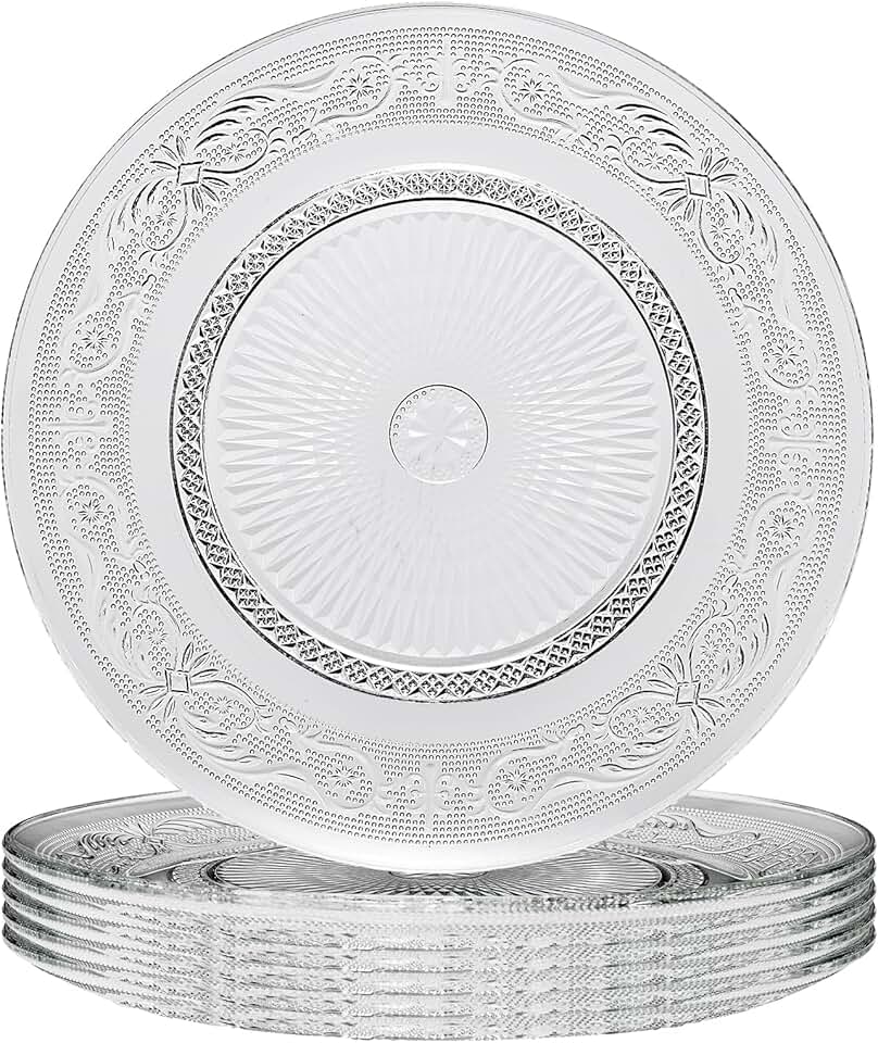Art Deco Vintage Crystal Glass Plates, Set of 6, 10.5' Dinner Plates