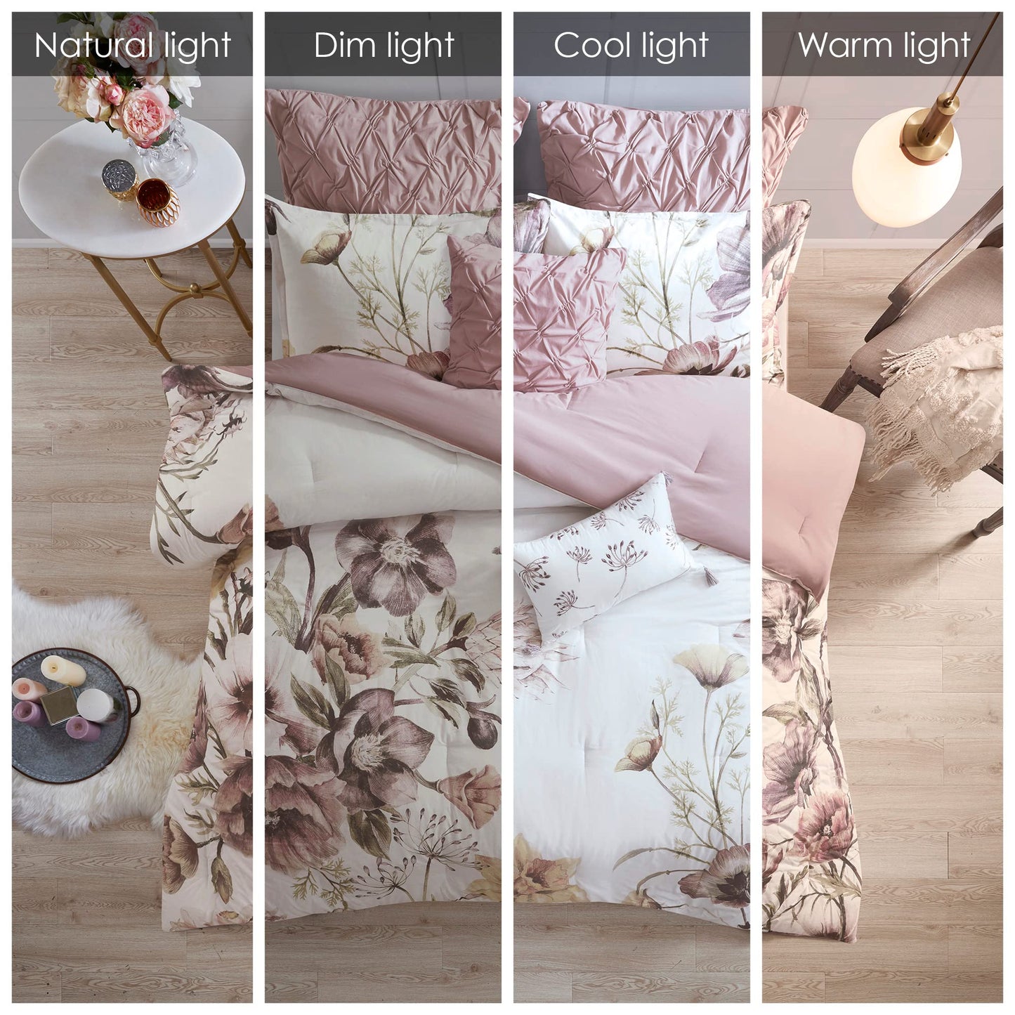 Candra 100% Cotton Comforter Set  Feminine Design Colorful Floral Print, All Season Down Alternative Bedding Layer And Matching Shams, Queen, Blush 8 Piece