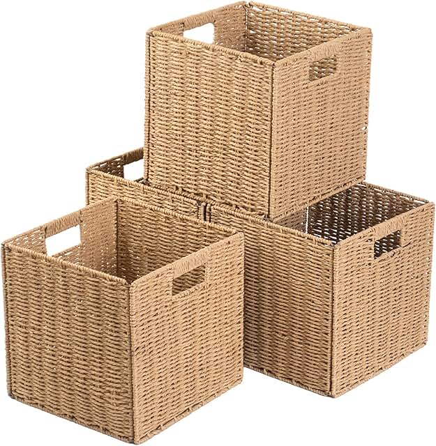 Set of 4 Foldable Paper Woven Storage Bins, 11-inch Square