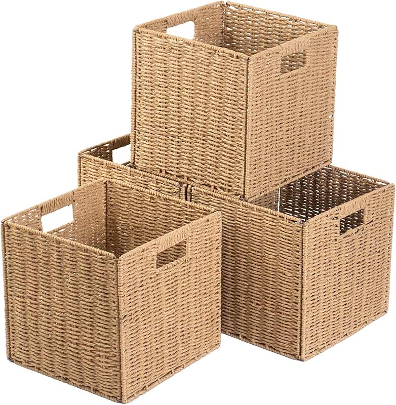 Set of 4 Foldable Paper Woven Storage Bins, 11-inch Square