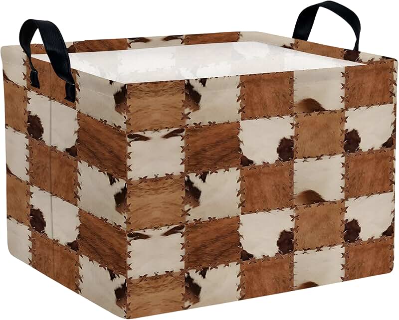 Checkered Kids Toy Basket with Handles and Cow Fur Print