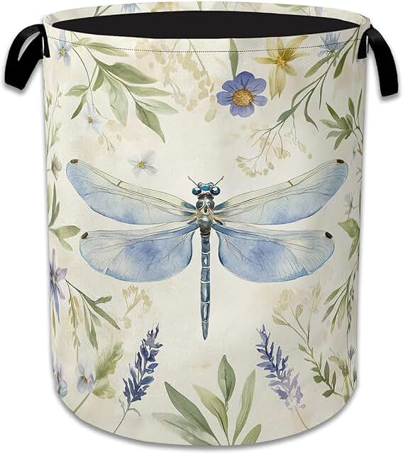Vintage Dragonfly Foldable Laundry Basket with Handles