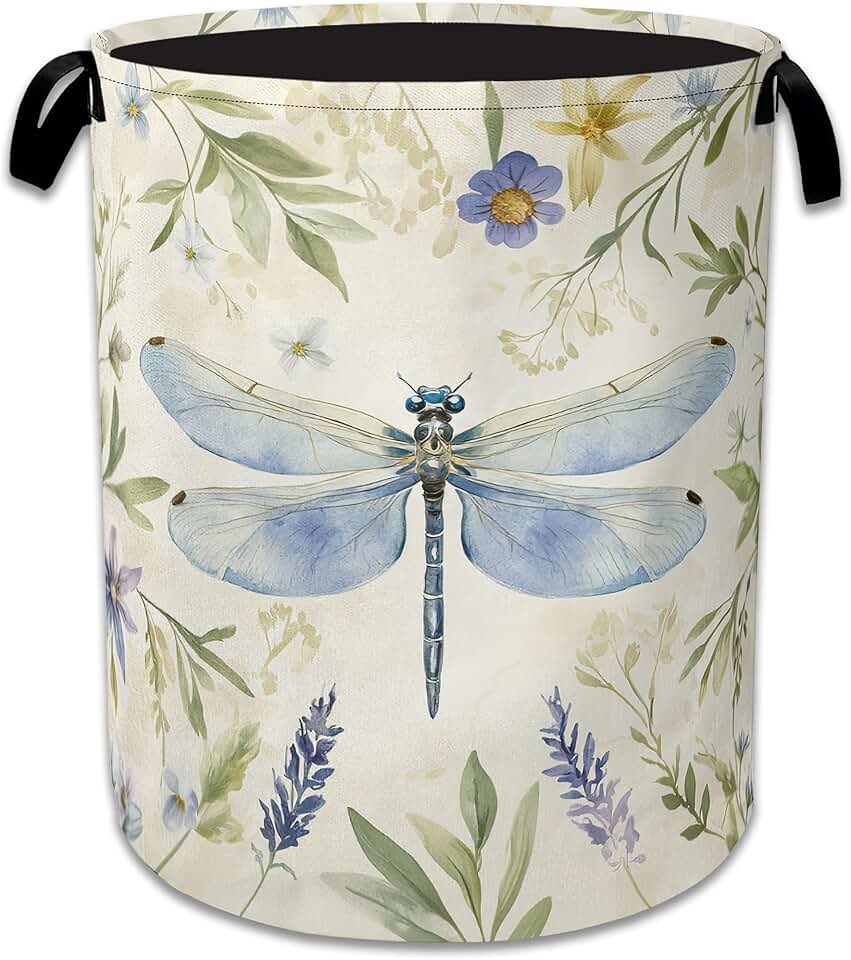 Vintage Dragonfly Foldable Laundry Basket with Handles
