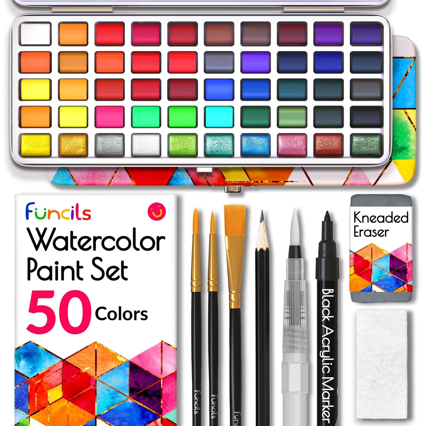 50-Pan Watercolor Paint Set with Paper and Brushes
