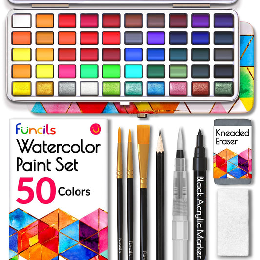 50-Pan Watercolor Paint Set with Paper and Brushes