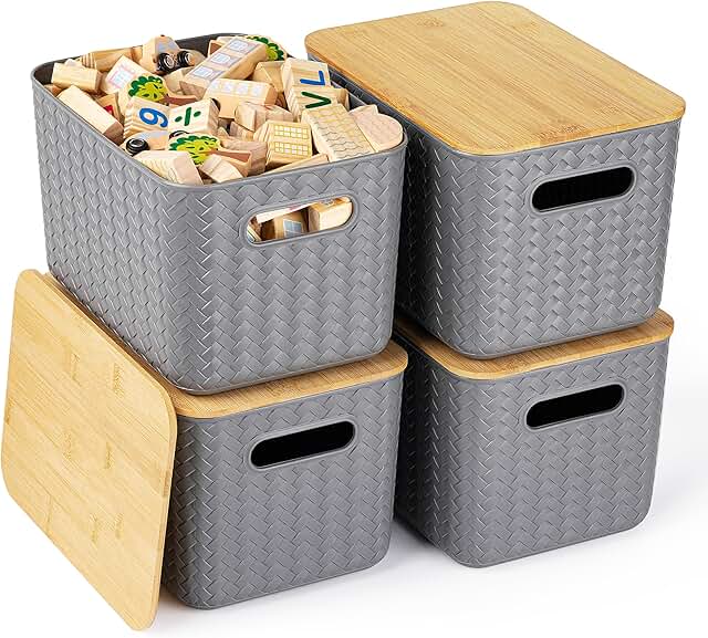 Set of four stackable storage bins with bamboo lids