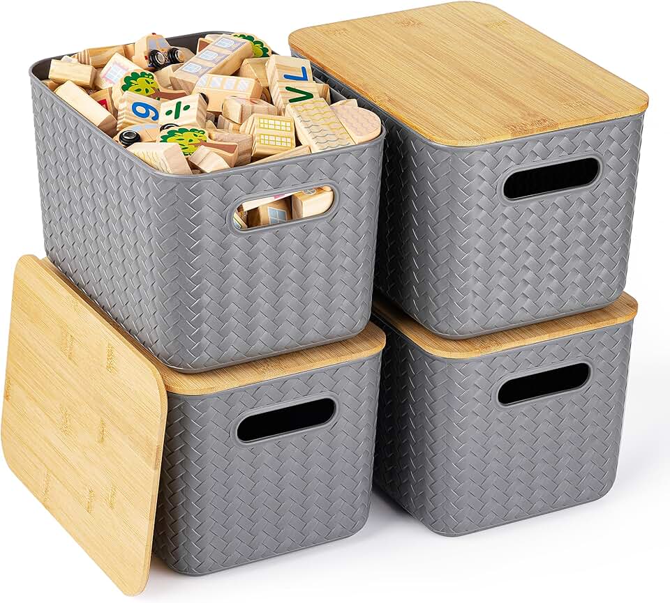 Set of four stackable storage bins with bamboo lids