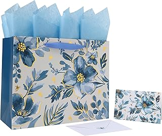 Large Blue Flower Gift Bag with Handles and Accessories