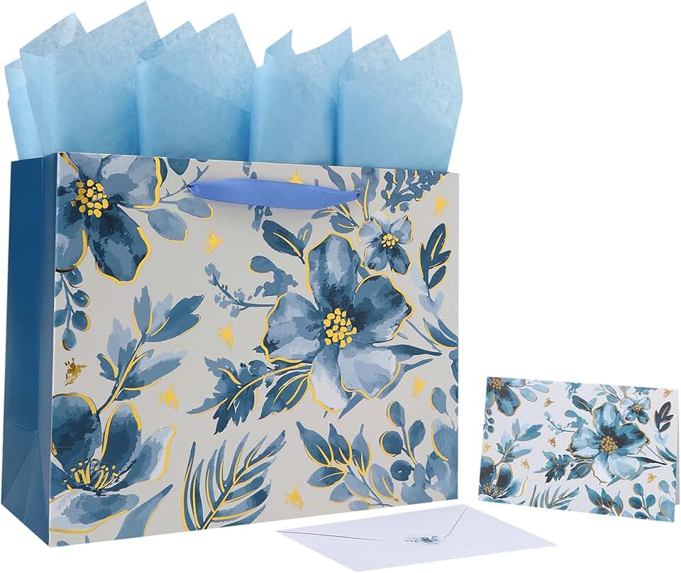 Large Blue Flower Gift Bag with Handles and Accessories