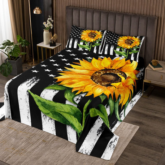 Flag Bedspread Sunflower Coverlet Set Military Themed Quilted for Kids Girls Boys Bedroom Green Leaves Yellow Flowers Bedspread Quilt Set with 2 Pillow Cases King Size