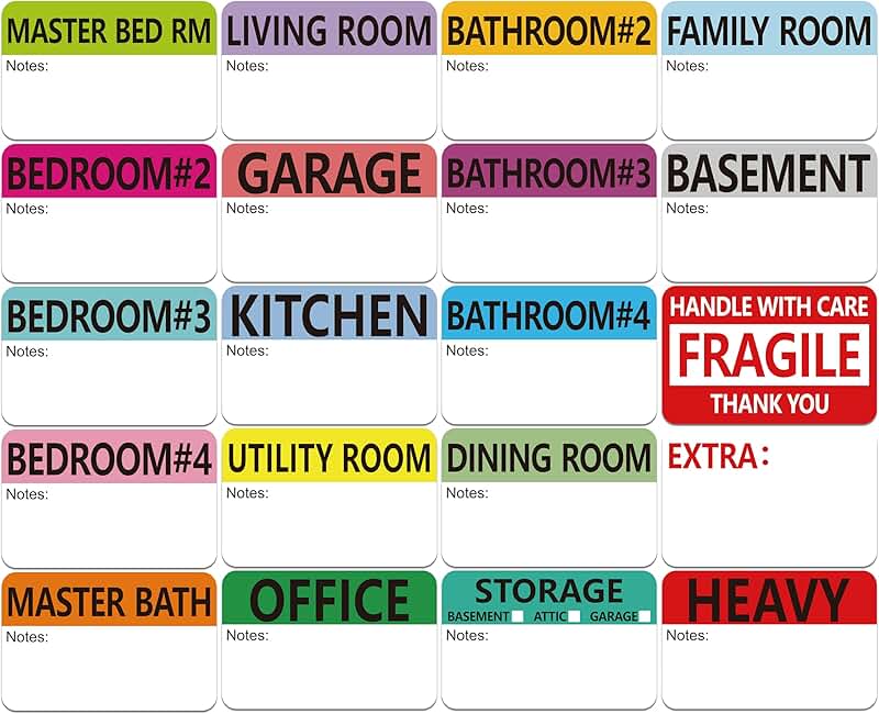 600 Color-Coded Moving Packing Labels with Notes and Fragile Stickers