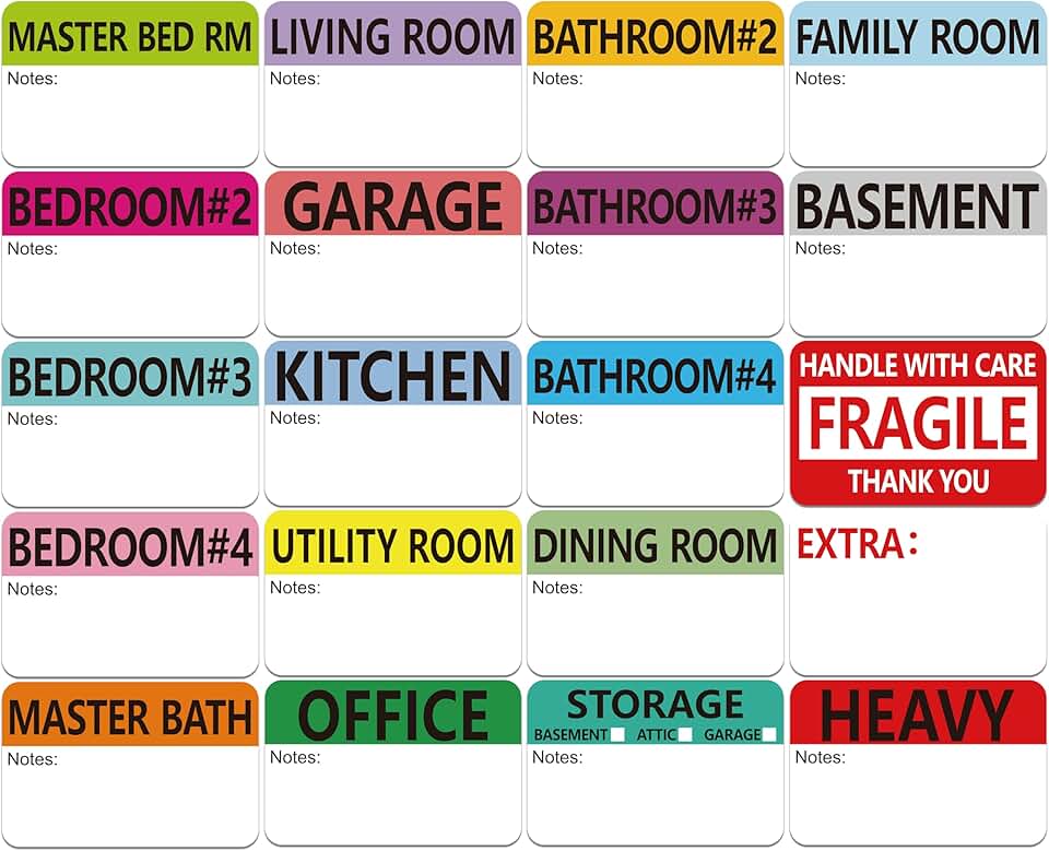600 Color-Coded Moving Packing Labels with Notes and Fragile Stickers