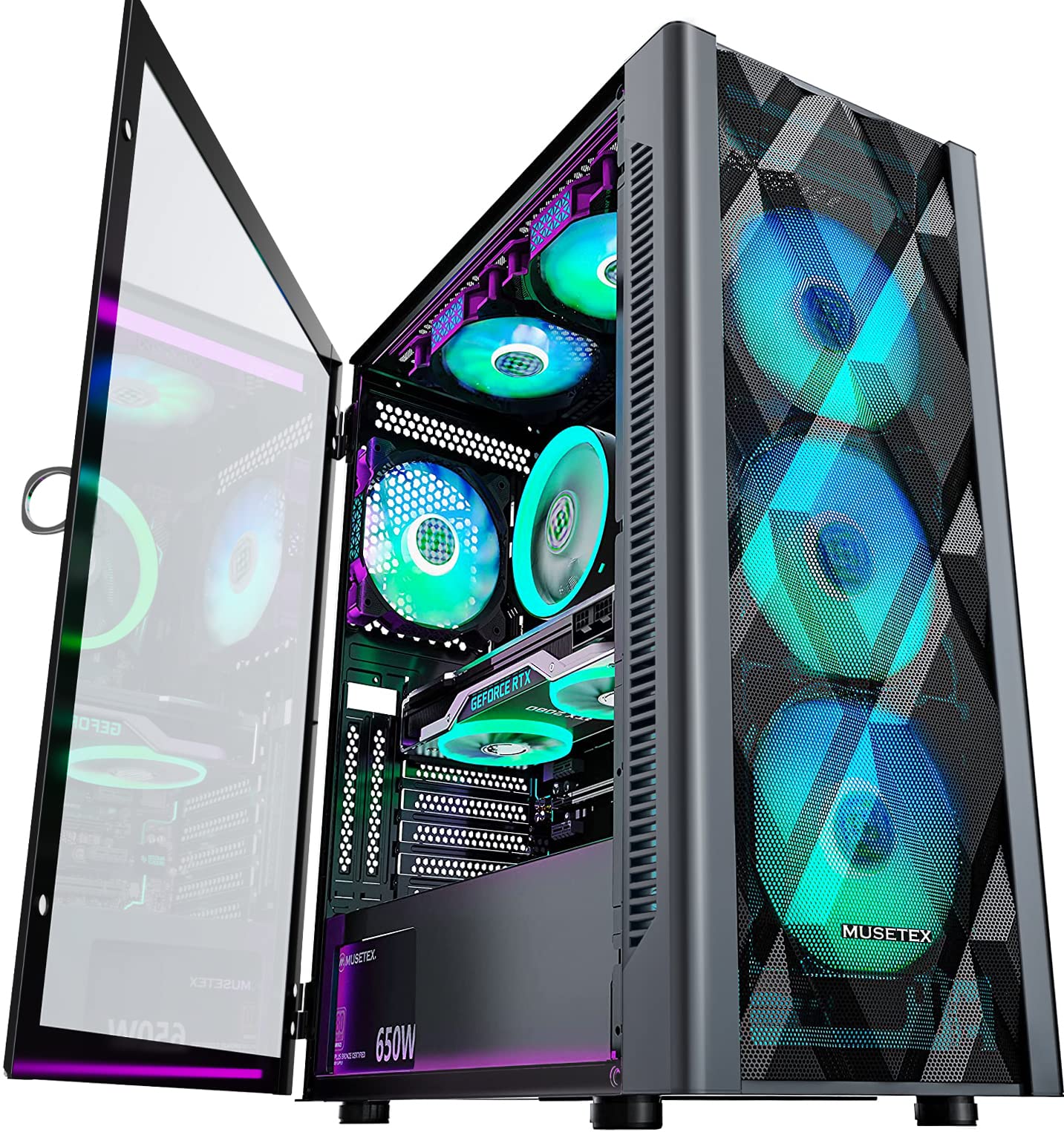 ATX PC Case Mid-Tower with 6pcs 120mm ARGB Fans, Polygonal Mesh Computer Gaming Case with Type C, Opening Tempered Glass Side Panel, USB 3.0 x 2, Black, NN8.