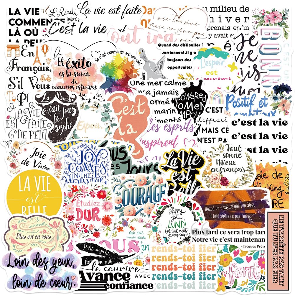 50 French Motivational Quote Stickers for Water Bottles and More