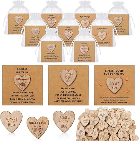 60 Wooden Heart-Shaped Pocket Hug Tokens with Cards and Bags