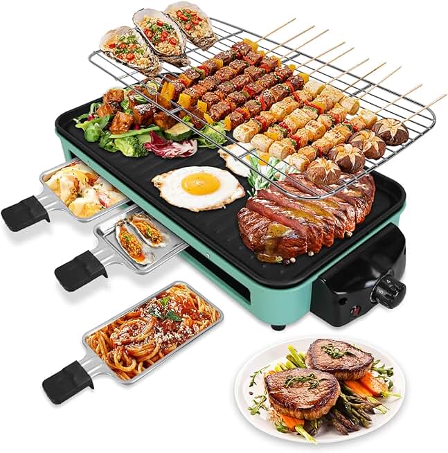 Indoor Electric Grill with Removable Plates and Cheese Pans